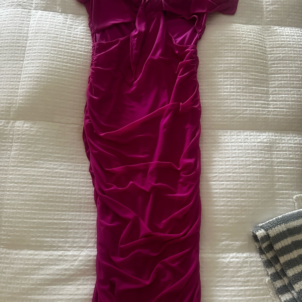 EmPrada Pink Bodycon Dress with Off the Shoulder Puff Sleeves